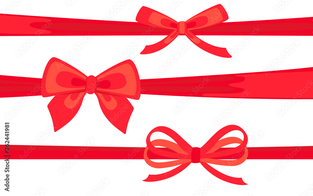 Satin ribbon red decorated with bows flat set. Valentine day or wedding or Christmas decorated bows. Cartoon design elements for present, celebration and congratulation. Isolated vector illustration Satin ribbon red decorated with bows flat set. Valentine day or wedding or Christmas decorated bows. Cartoon design elements for present, celebration and congratulation. Isolated vector illustration
