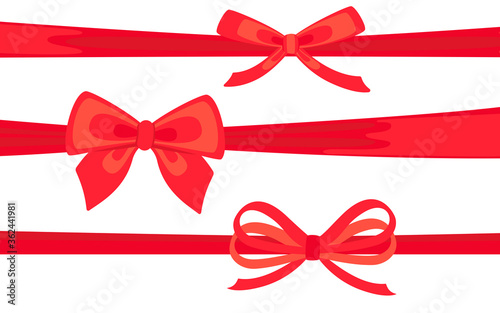 Satin ribbon red decorated with bows flat set. Valentine day or wedding or Christmas decorated bows. Cartoon design elements for present, celebration and congratulation. Isolated vector illustration