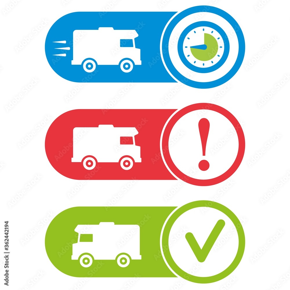 Delivery status icons. Delivering, problem indicator, delivered. Shipping tracking symbols. Delivery status icons. Delivering, problem indicator, delivered. Shipping tracking symbols.
