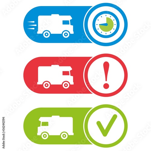 Delivery status icons. Delivering, problem indicator, delivered. Shipping tracking symbols.