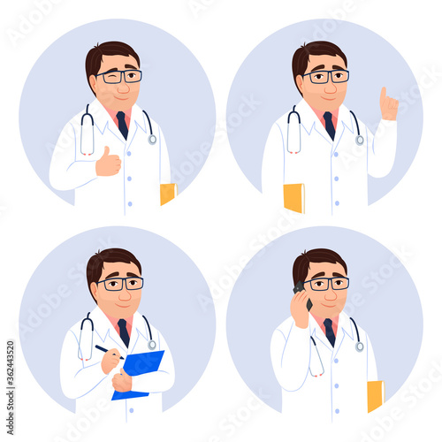 Doctor icon set in circles on white background. Young male physician in uniform with ok gesture warning, makes prescription mobile phone consultation. Flat character avatar medical vector illustration