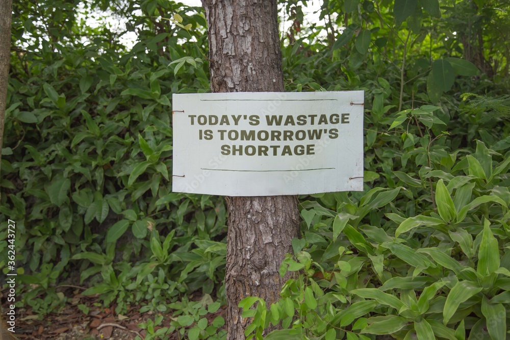 environmental conservation sign on a tree in the forest 