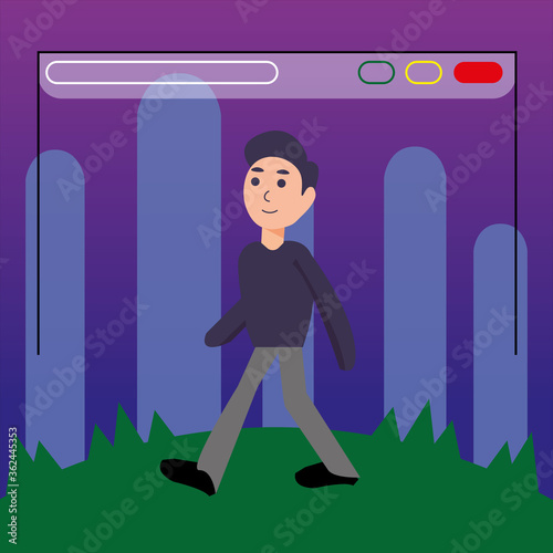 Hombre caminando con fondo de atardecer e icono de ventana de buscador