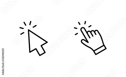 Hand and arrow clicking pointers. Click icons.