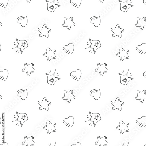 Crown, stars and heart. Seamless vector pattern. Black-and-white contour cartoon drawing. Print for notebook covers, packaging, wrapping paper.