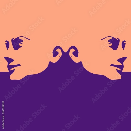 Face half turn view. Elegant silhouette of a two female heads.