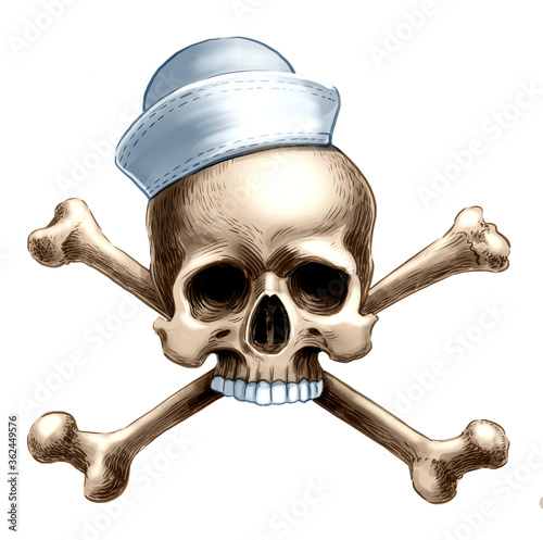 Human skull in sailor hat and crossed bones. Digital illustration