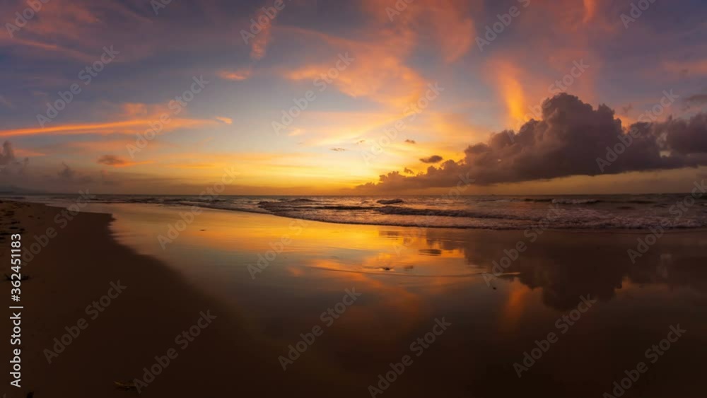Time lapse: Sunset reflected on wet beach sand with incoming ocean waves. A beached foreground log adds interest. Seamless loop. Shot at 2160p. 4K. Time lapse: Sunset reflected on wet beach sand with incoming ocean waves. A beached foreground log adds interest. Seamless loop. Shot at 2160p. 4K.
