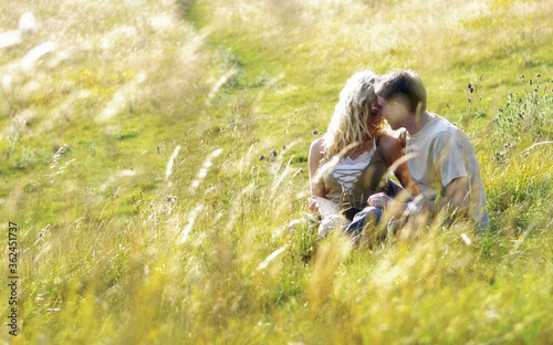 A couple sitting on the grass kissing