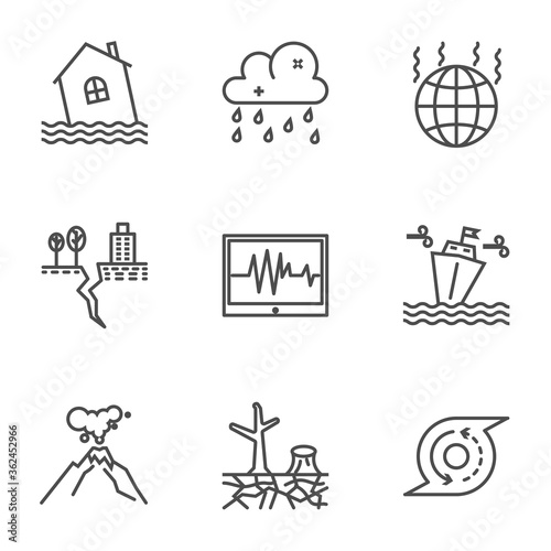 Nature desaster thin line icon set