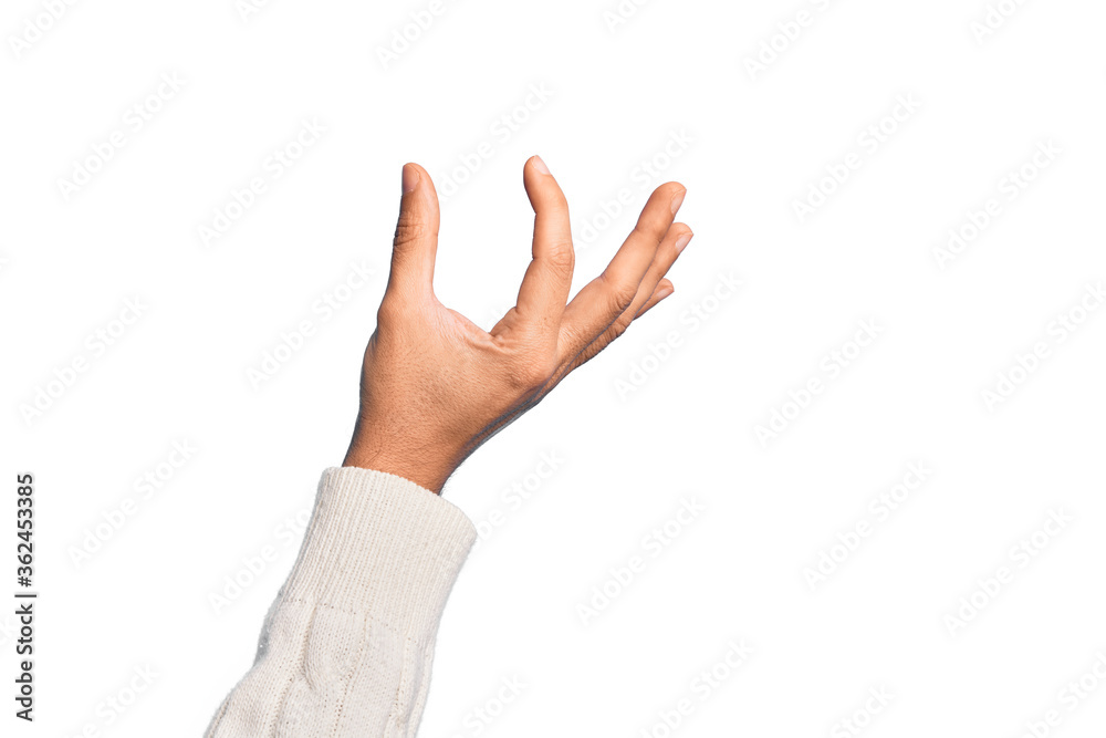 Hand of caucasian young man showing fingers over isolated white background picking and taking invisible thing, holding object with fingers showing space Hand of caucasian young man showing fingers over isolated white background picking and taking invisible thing, holding object with fingers showing space