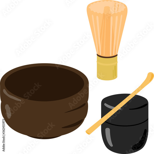 茶道具の茶碗、茶筌、棗