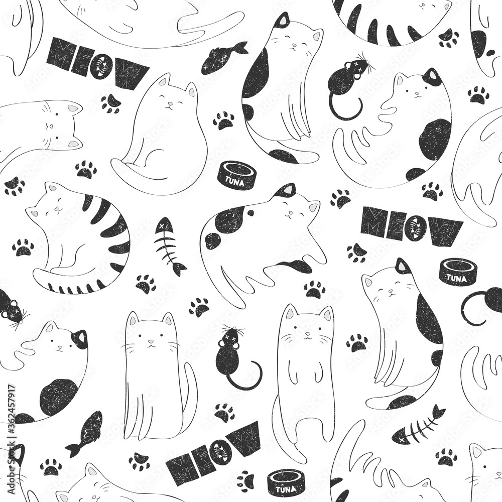 Seamless vector pattern with black and white cute cats, fish bones, cat  paws, pet food on white background. Cat lover design for print, fabric,  card, wallpaper, packaging Stock Vector | Adobe Stock