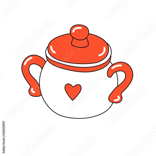 Red-white pan with handles and a lid, with a red heart.
