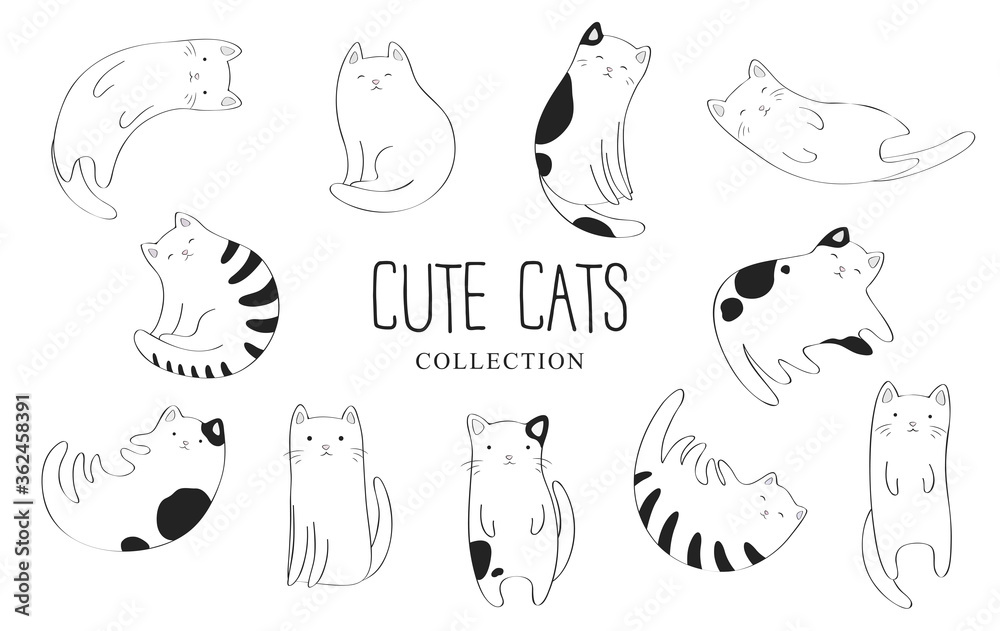 Fototapeta premium Vector collection of black and white cute cartoon hand drawn cats isolated on white background