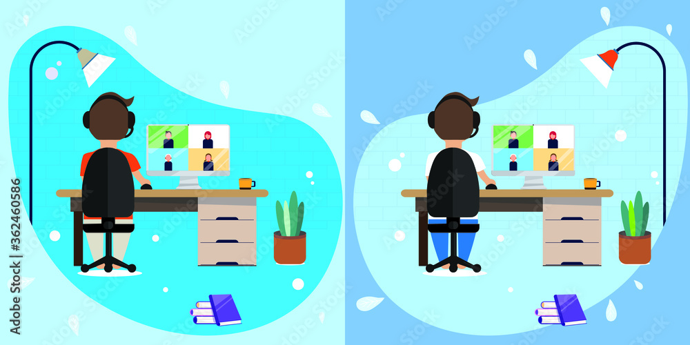 work with computers and communicate with video calls. Flat design work with computers and communicate with video calls. Flat design