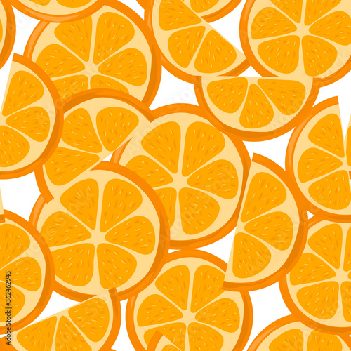 Juicy fresh oranges. Fruit Slices. Summer seamless pattern. Vector illustration isolated on white background.