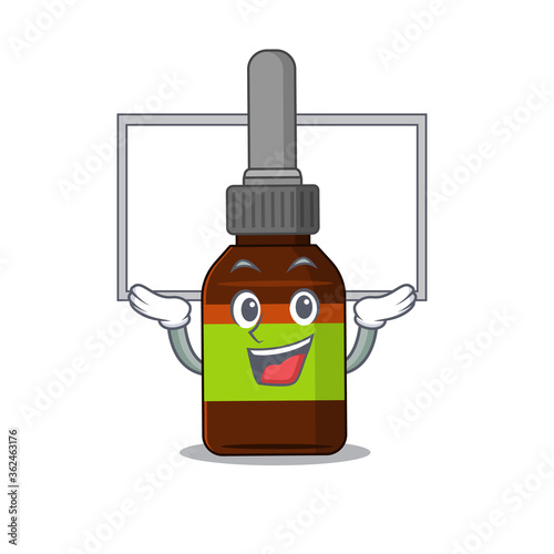 Mascot character of liquid bottle rise up a white board