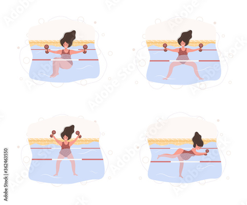 Pregnant woman in bikini in pool. Collection exercises of aqua fitness and aerobic with weights. Healthy lifestyle. Young mother swimming in water. Vector illustration in flat style. Cartoon character