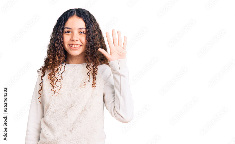 Beautiful kid girl with curly hair wearing casual clothes showing and pointing up with fingers number five while smiling confident and happy. Beautiful kid girl with curly hair wearing casual clothes showing and pointing up with fingers number five while smiling confident and happy.