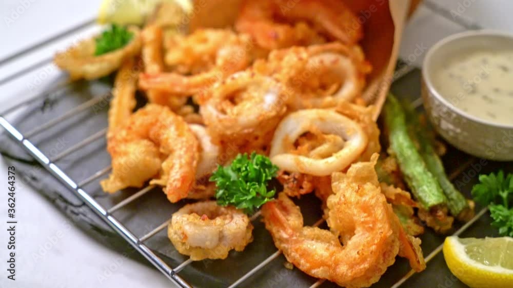 deep fried seafood (shrimps and squid) with mix vegetable deep fried seafood (shrimps and squid) with mix vegetable