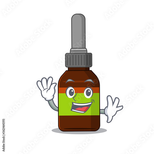 A charismatic liquid bottle mascot design concept smiling and waving hand