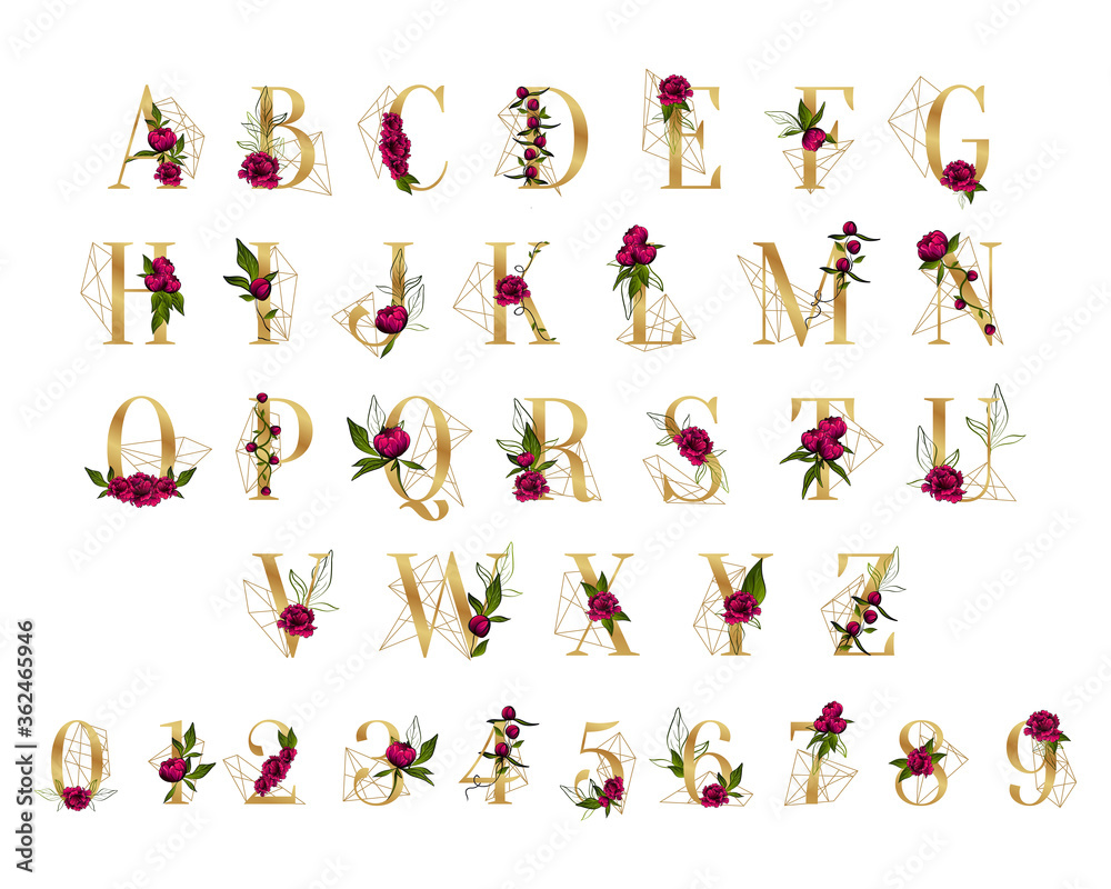 Fototapeta premium stylish golden alphabet letters and numbers decorated with purple peony flowers isolated on white background