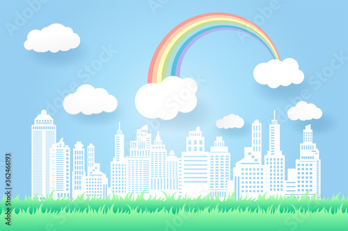 beautiful rainbow and flowers in the city scape , paper art style