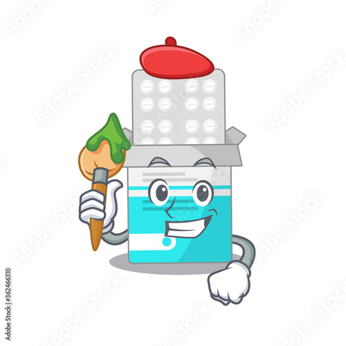 Medical medicine bottle artist cartoon picture style paint a landscape using a brush