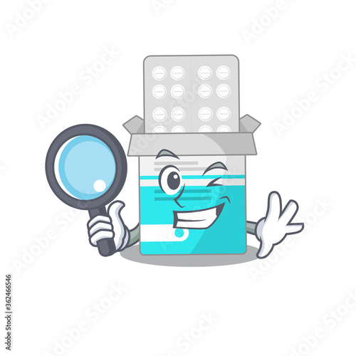 cartoon mascot design of medical medicine bottle super Detective breaking the case using tools