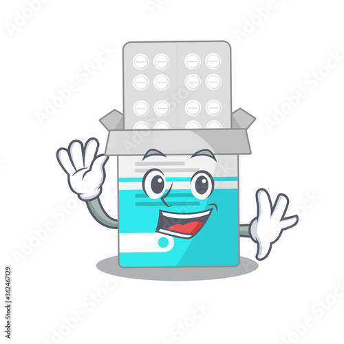 A charismatic medical medicine bottle mascot design concept smiling and waving hand