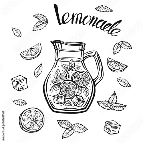 Glass jug with lemonade, sketch of homemade lemonade, summer  illustration. Hand drawn lemon, lemon slice, straw. The inscription on the lemonade.