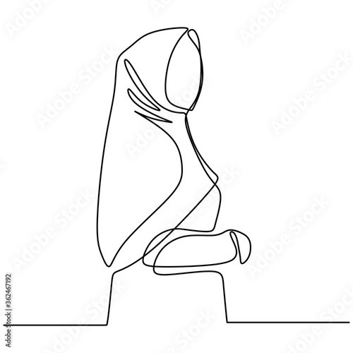 One single line drawing of young happy muslim lady with head scarf. Beautiful girl wearing a hijab stands and poses in front of the camera as a model. Asian women in trendy hijab fashion concept