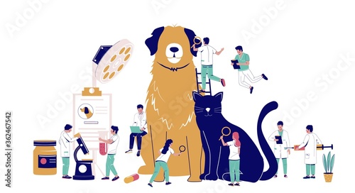 Veterinary clinic services, vector flat illustration. Huge dog and cat, tiny characters vets with syringe, microscope, magnifying glass. Veterinarian pet checkup, animal treatment, medical pet care.