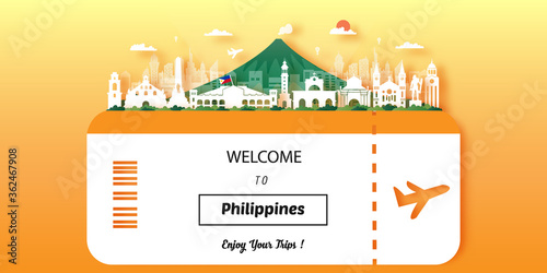 Philippines Travel postcard, poster, tour advertising of world famous landmarks. Vectors illustrations