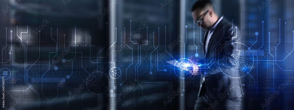 Fototapeta premium Communication and engineering concept. Abstract circuit board futuristic technology processing background.