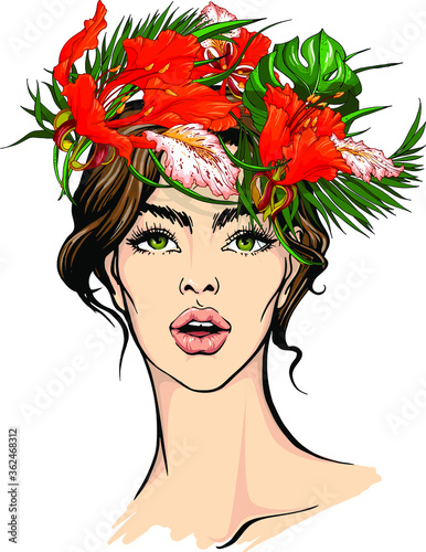Vector illustration : young brunette woman with green eyes wearing the tropical flowers wreath. Hand drawn face. Isolated on white element for beauty , fashion , summer design.