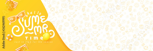 Summer banner design with beach accessories on the yellow background and copy space.
