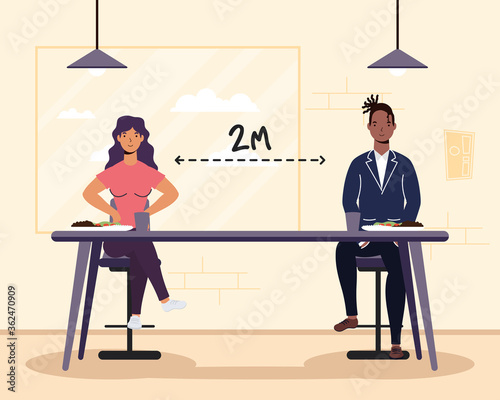 interracial couple dinning in restaurant practicing social distancing ,covid19 prevention method