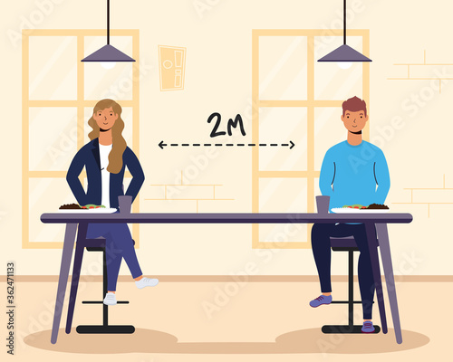 young couple dinning in restaurant practicing social distancing ,covid19 prevention method