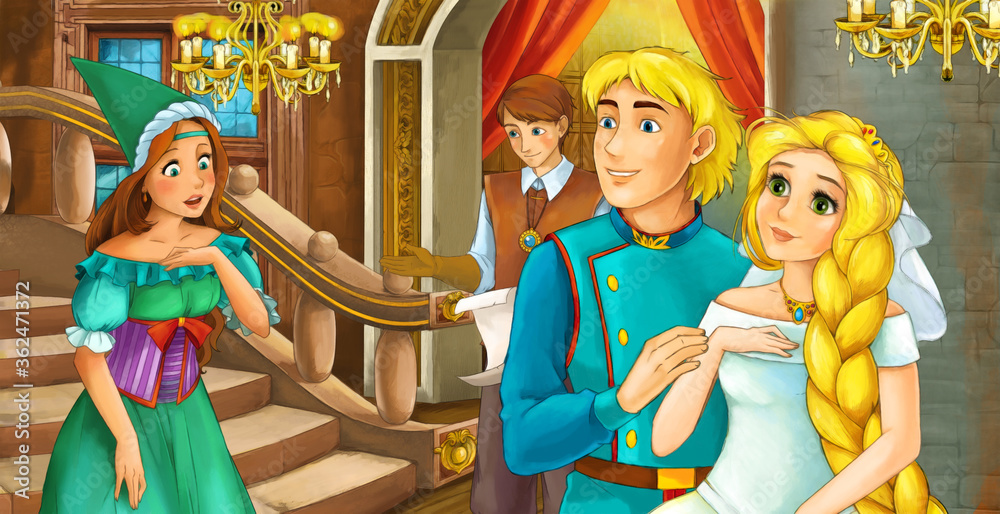 cartoon scene with prince and princess married couple in the castle room illustration