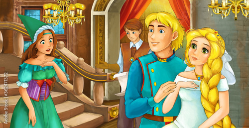 cartoon scene with prince and princess married couple in the castle room illustration