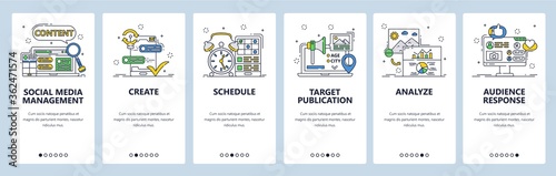 Social media management. Mobile app onboarding screens, vector website banner template