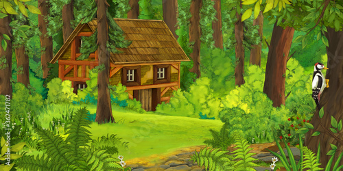 cartoon scene with the wooden farm house in the forest illustration