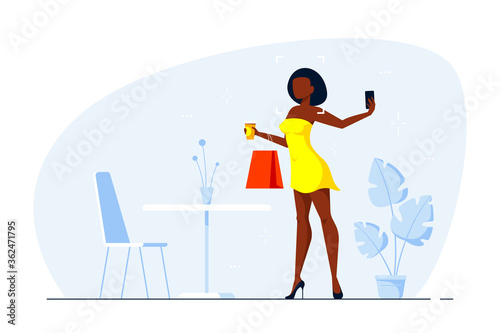 Young black woman making selfie, flat style vector.