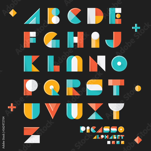 Pop art vintage style designed "Picasso space" vector alphabet type set. Three dimensional version.