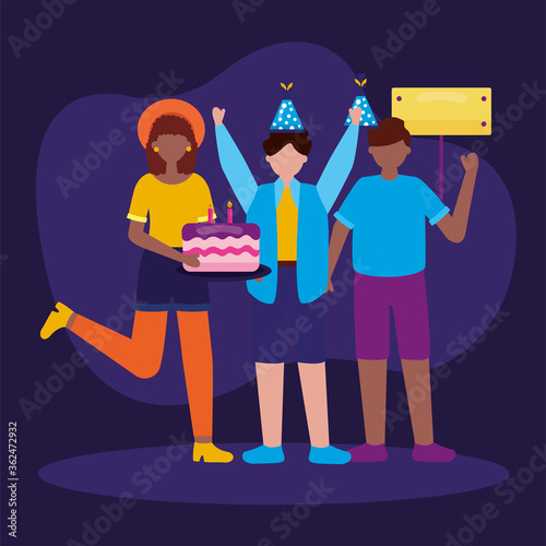 Canvas Print woman and men with happy birthday cake hats and banner vector design