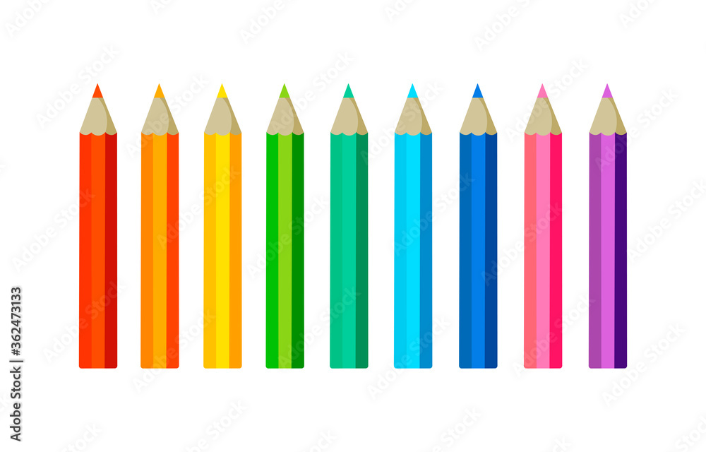Collection of colored pencilswith copy space isolated on white background. Vector illustration on flat cartoon style. Design for template, web, app, branding, advertising, card, school Collection of colored pencilswith copy space isolated on white background. Vector illustration on flat cartoon style. Design for template, web, app, branding, advertising, card, school