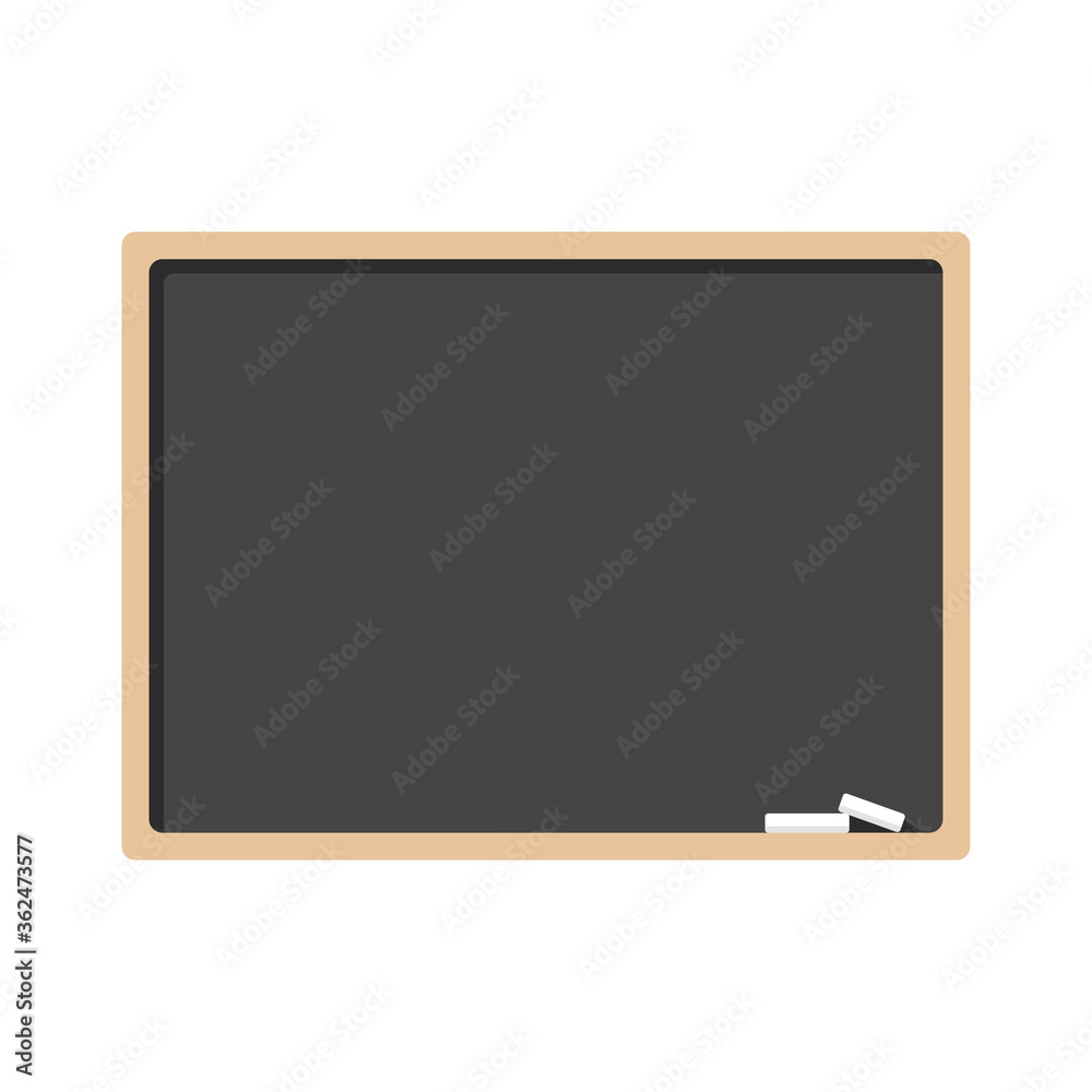 Blackboard with wooden frame and chalk isolated on white background. Vector flat illustration. Template, banner, blank with copy space Blackboard with wooden frame and chalk isolated on white background. Vector flat illustration. Template, banner, blank with copy space