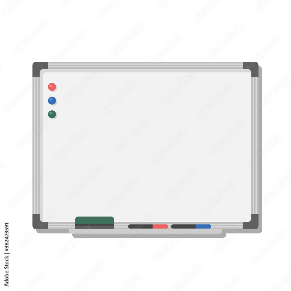 White board with frame and markers, magnetic isolated on white background. Vector flat illustration. Template, banner, blank with copy space